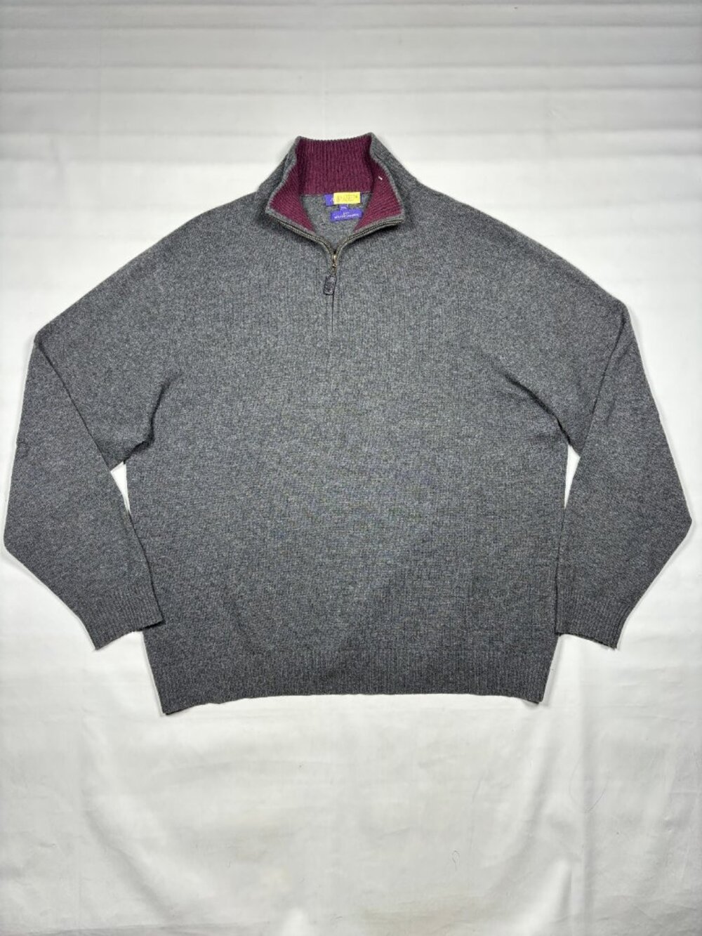 Alan Flusser 2Ply 100% Pure Cashmere Sweater Men XXL Gray Maroon 1/4 Zip Pullove